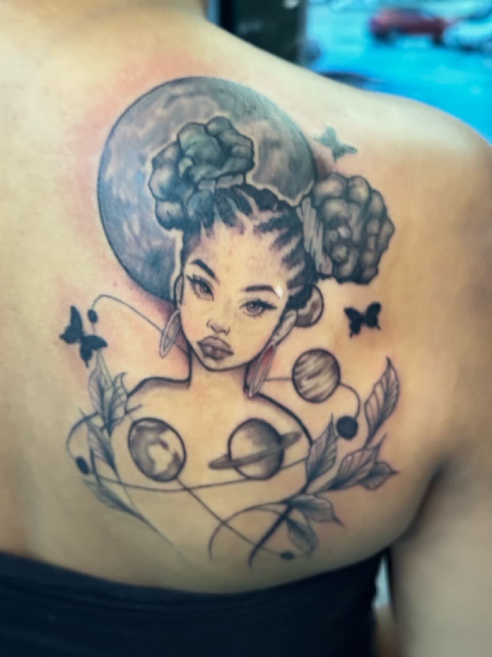 Fine Line + Black & Grey girl tattoo on Upper Back by Ink_by_Noble on TattMe
