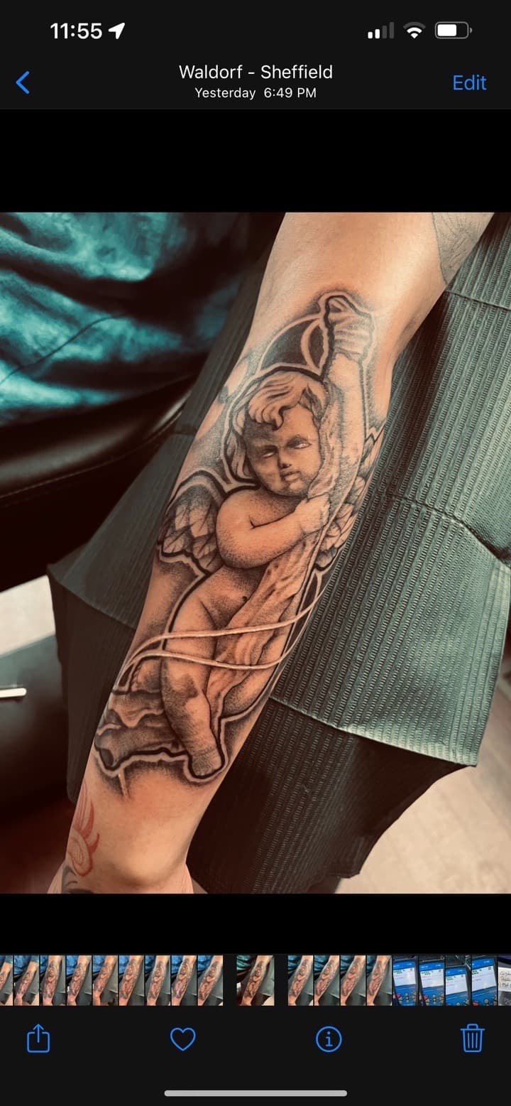Black & Grey + Realism cherub tattoo on Forearm by Ink_by_Noble on TattMe