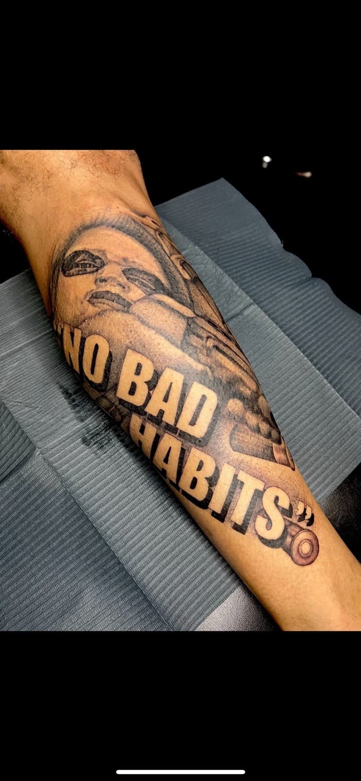 Black & Grey + Lettering gun tattoo on Forearm by Ink_by_Noble on TattMe