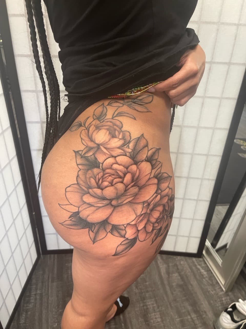 Floral + Black & Grey flowers tattoo on Hip by Ink_by_Noble on TattMe