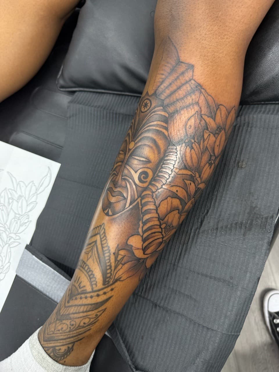 Black & Grey + Illustrative mask tattoo on Calf by Ink_by_Noble on TattMe