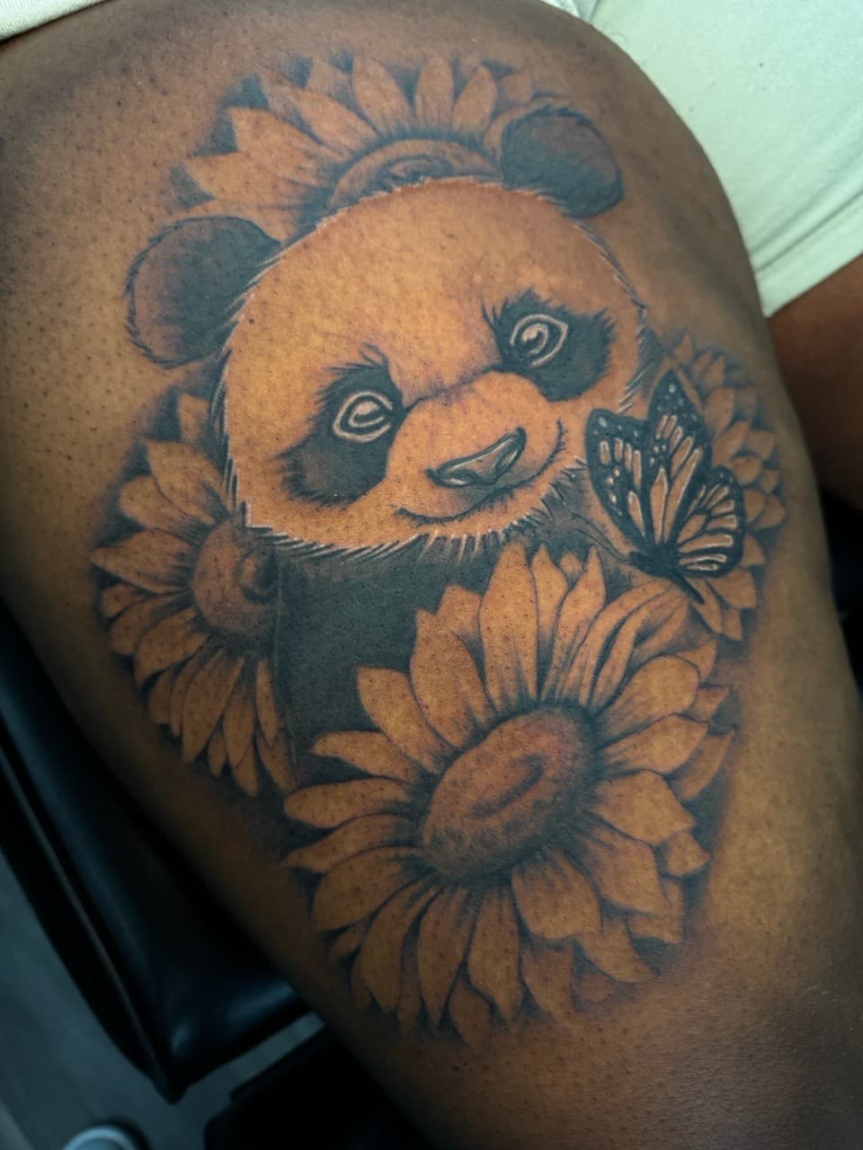 Illustrative + Black & Grey panda tattoo on Thigh by Ink_by_Noble on TattMe