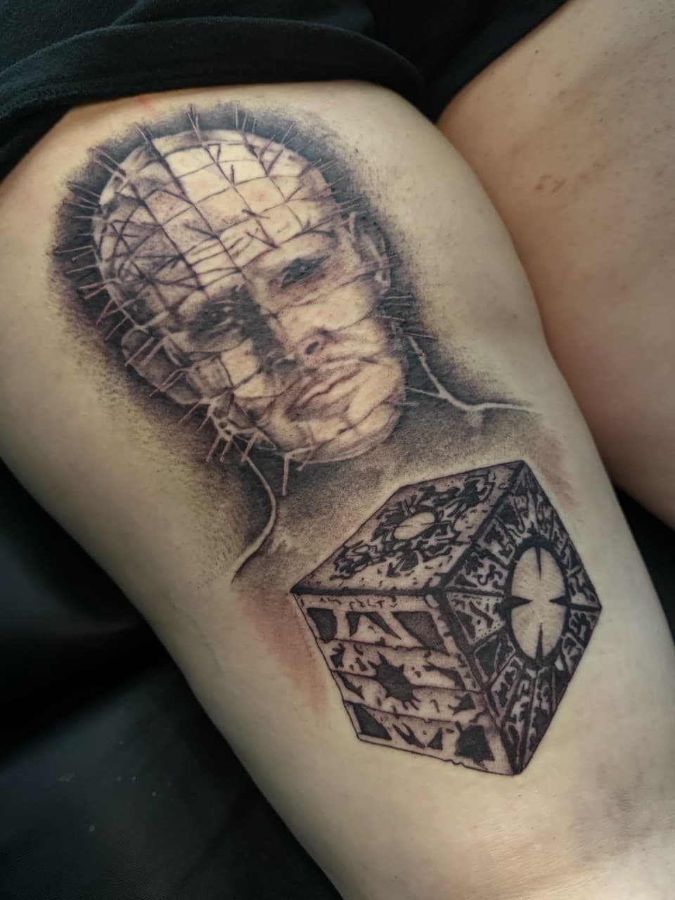 Black & Grey + Realism pinhead tattoo on Thigh by Ink_by_Noble on TattMe