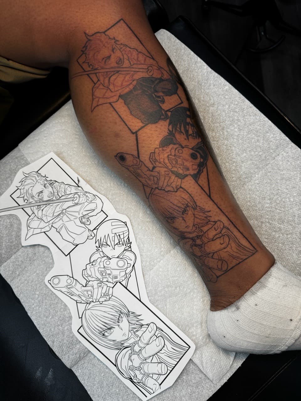 Anime + Black-work manga tattoo on Calf by Ink_by_Noble on TattMe