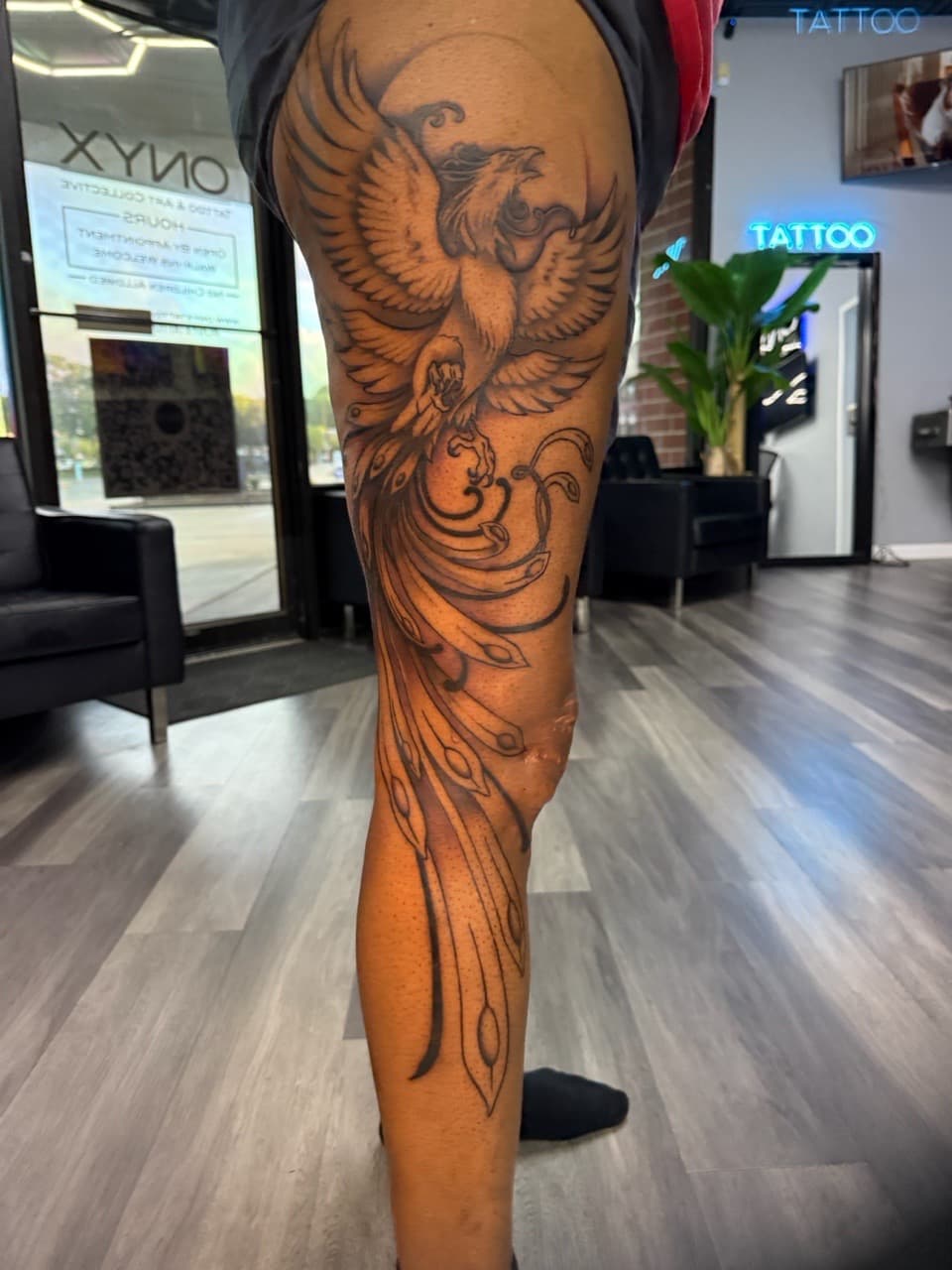 Black & Grey + Illustrative phoenix tattoo on Thigh by Ink_by_Noble on TattMe
