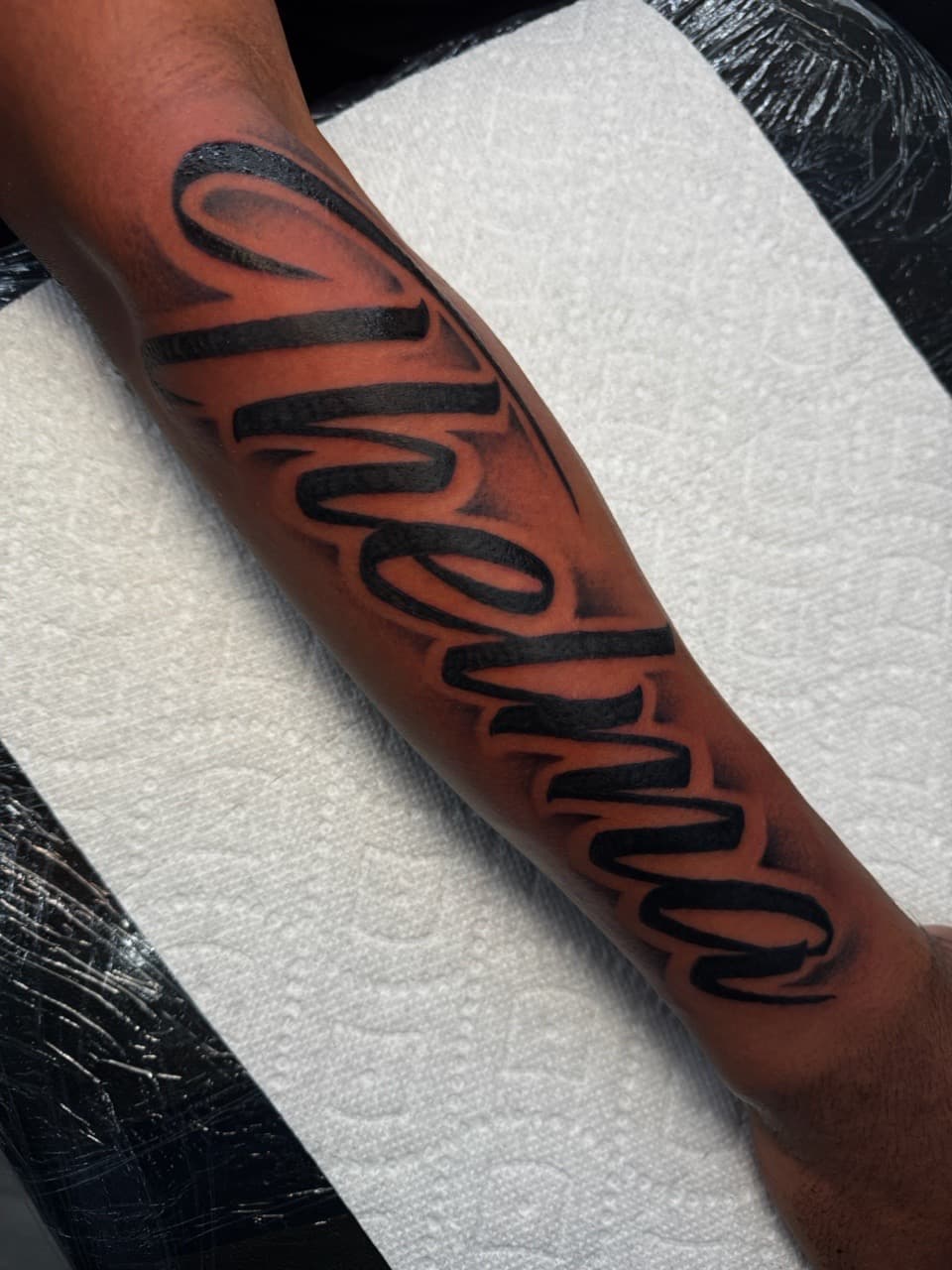 Lettering + Script name tattoo on Forearm by Ink_by_Noble on TattMe