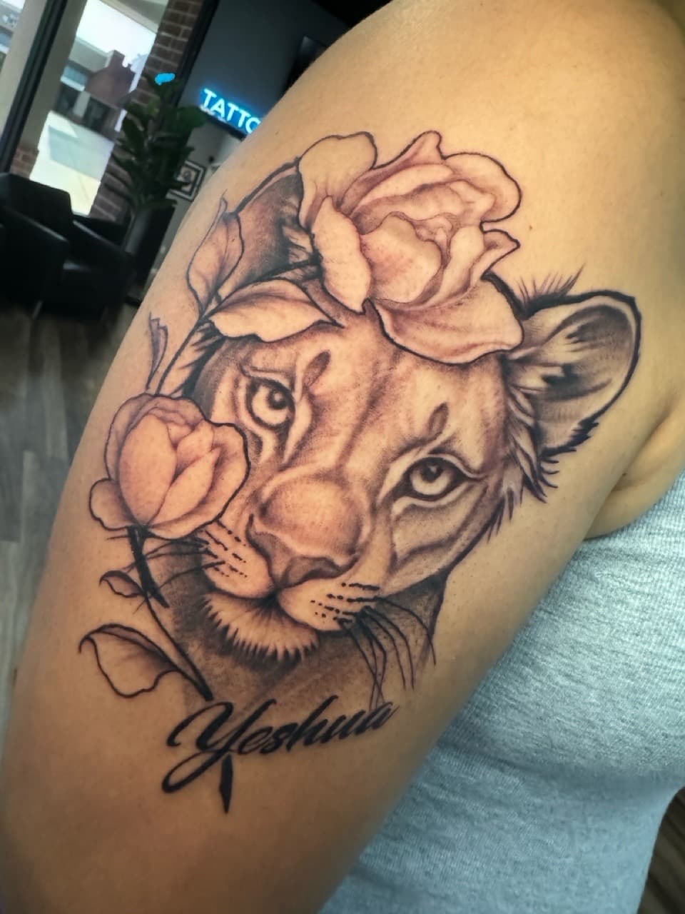 Black & Grey + Realism lioness tattoo on Upper Arm by Ink_by_Noble on TattMe