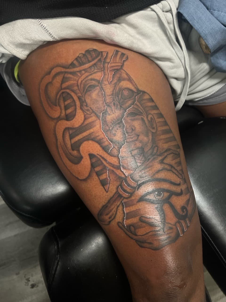 Black & Grey + Illustrative pharaoh tattoo on Thigh by Ink_by_Noble on TattMe