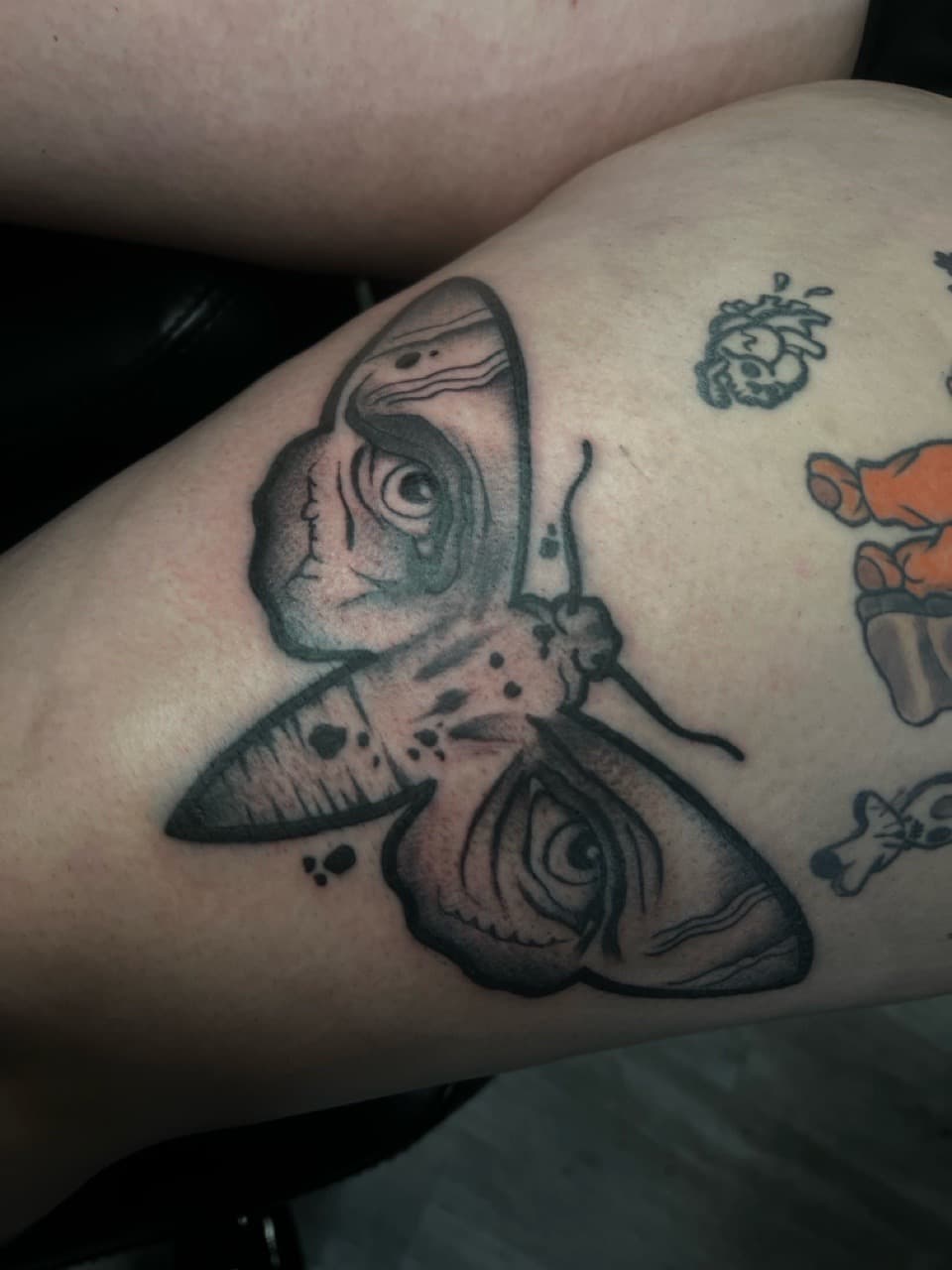 Black & Grey + Illustrative moth tattoo on Upper Arm by Ink_by_Noble on TattMe
