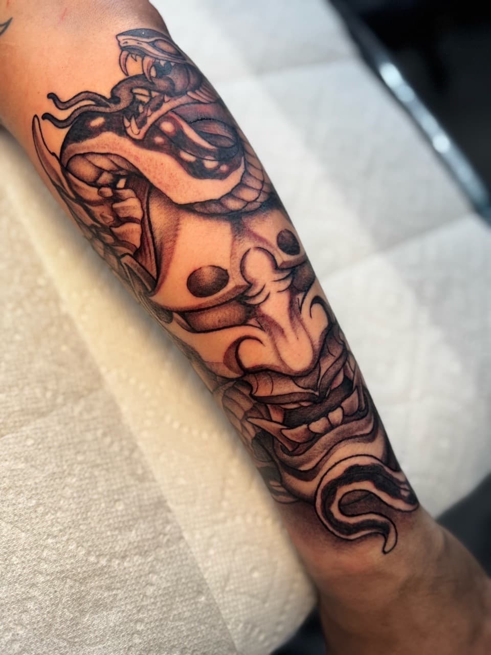 Black & Grey + Japanese hannya mask tattoo on Forearm by Ink_by_Noble on TattMe