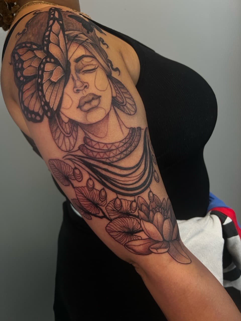 Black & Grey + Illustrative woman tattoo on Half Sleeve by Ink_by_Noble on TattMe