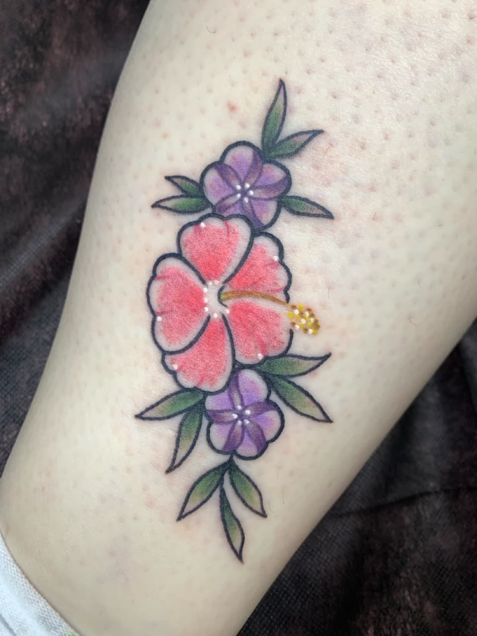 Floral + Color flowers tattoo on Calf by Mads_TwoTone_Roy on TattMe