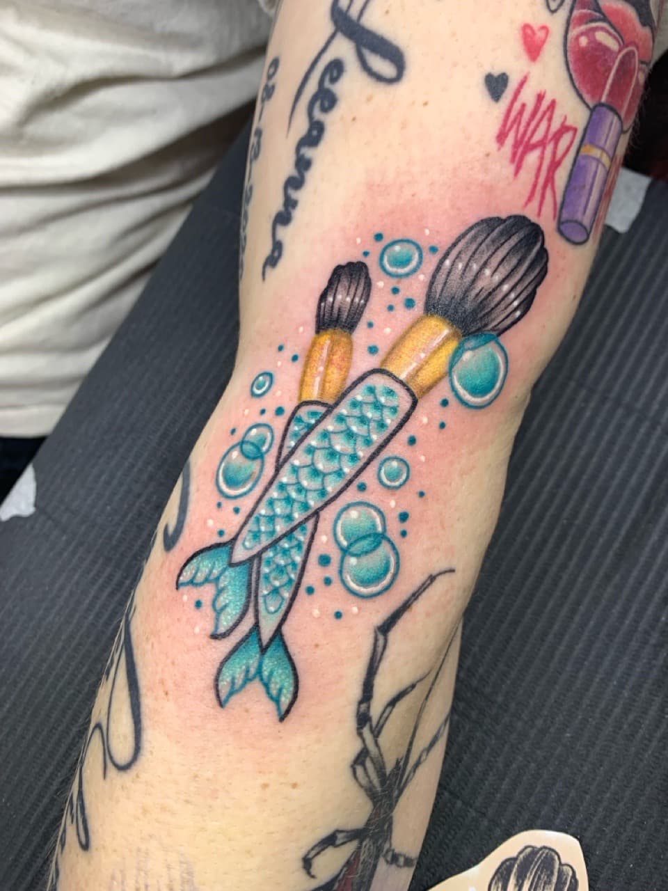New School + Color makeup brushes tattoo on Upper Arm by Mads_TwoTone_Roy on TattMe