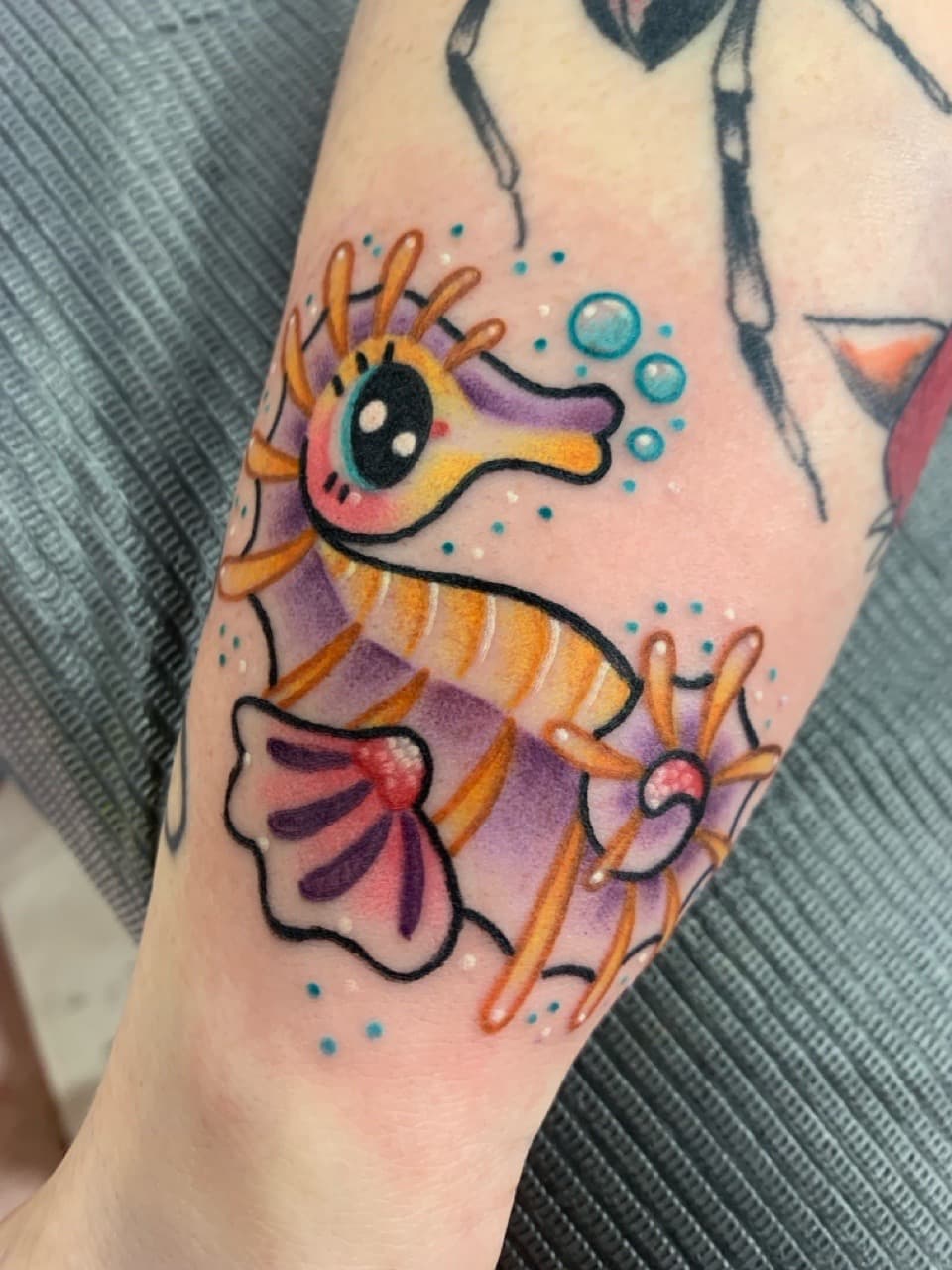 Color + Cartoon seahorse tattoo on Forearm by Mads_TwoTone_Roy on TattMe