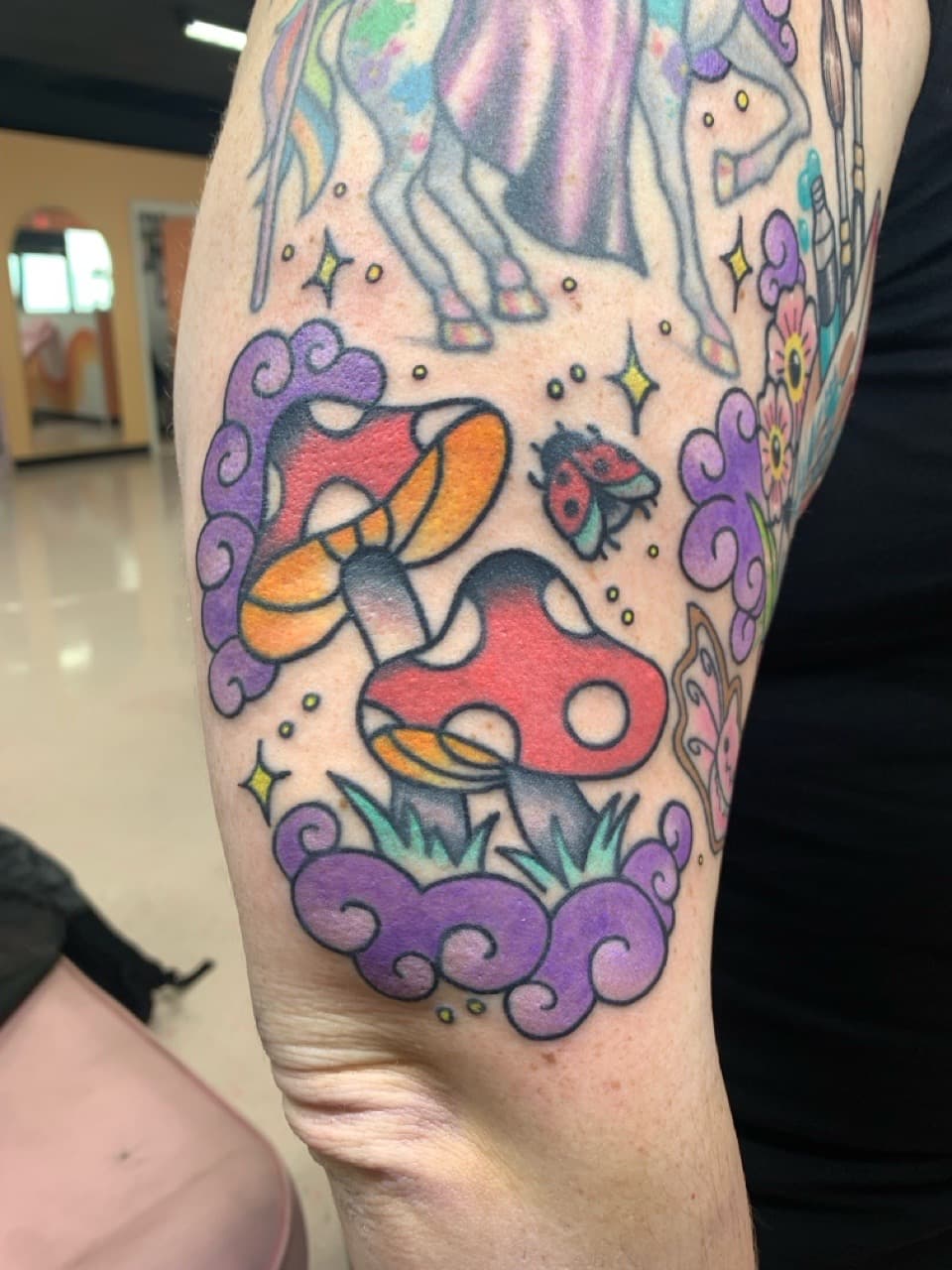 Traditional + New School mushrooms tattoo on Upper Arm by Mads_TwoTone_Roy on TattMe