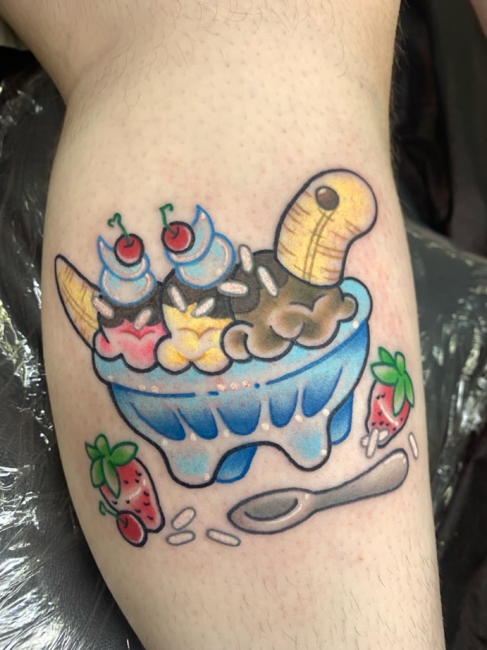 Illustrative + Color sundae tattoo on Calf by Mads_TwoTone_Roy on TattMe