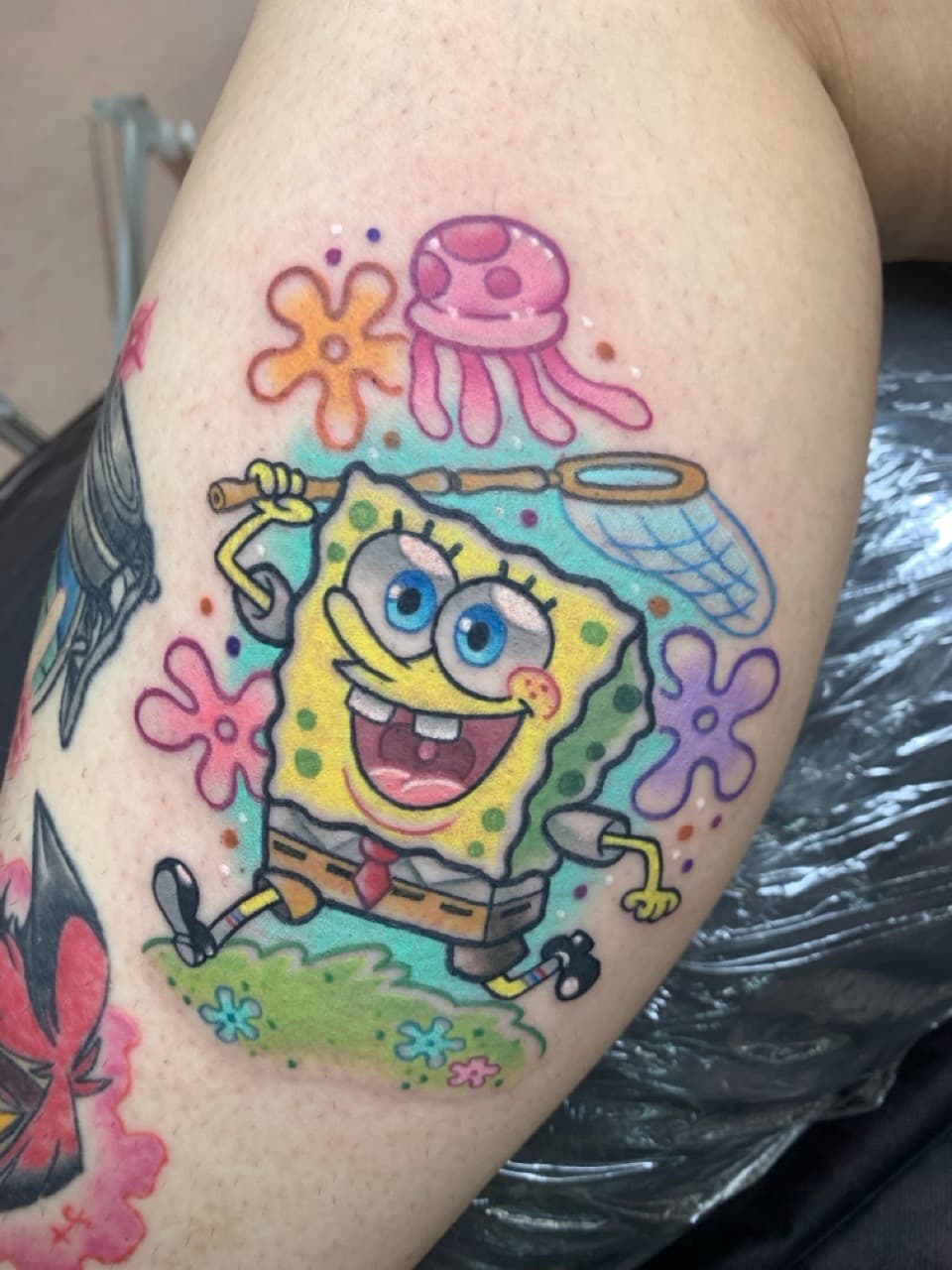 New School + Cartoon spongebob tattoo on Forearm by Mads_TwoTone_Roy on TattMe