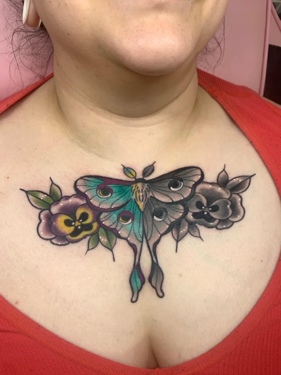Neo-Traditional + Color moth tattoo on Sternum by Mads_TwoTone_Roy on TattMe