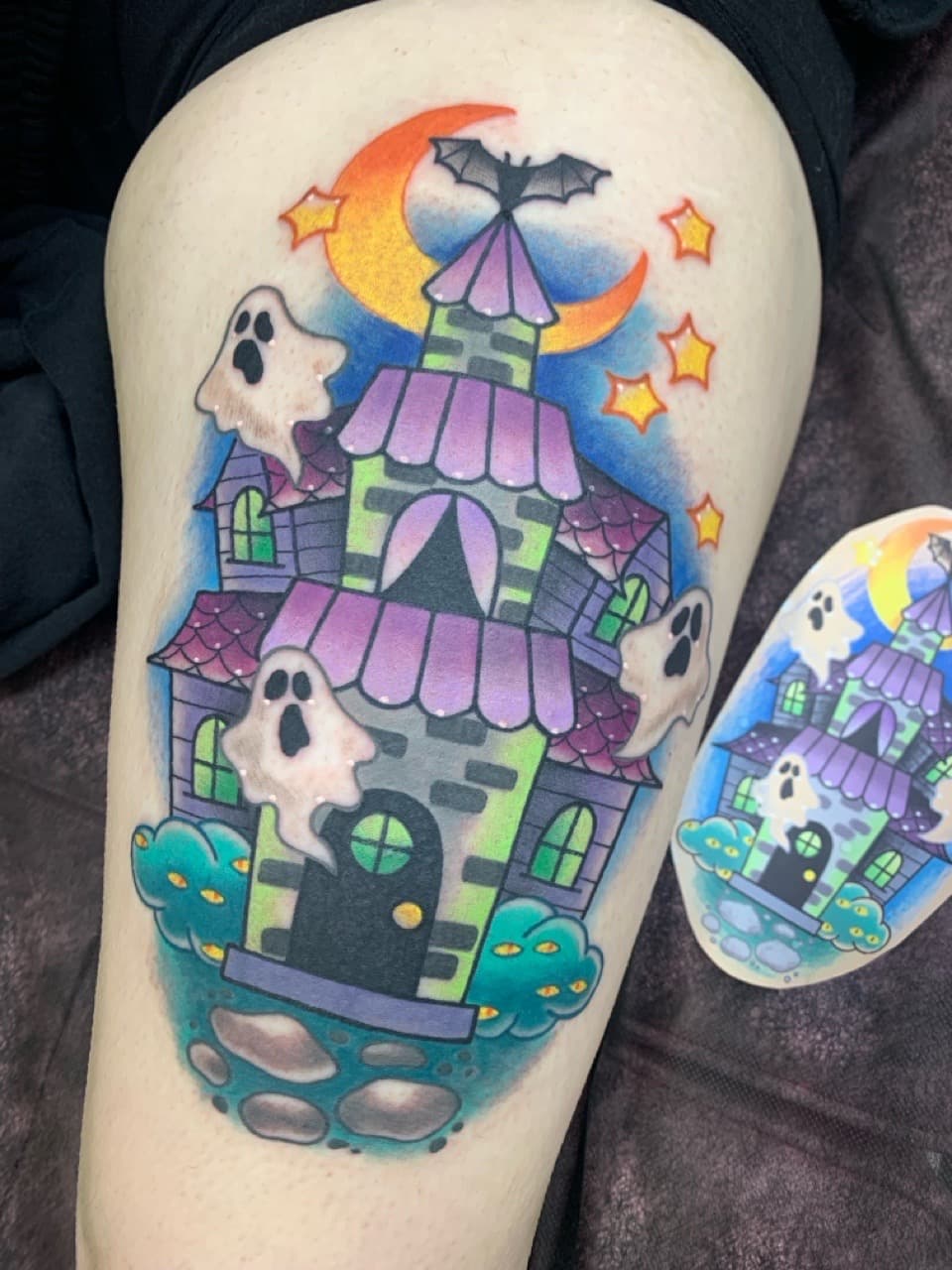 Cartoon + Color haunted house tattoo on Thigh by Mads_TwoTone_Roy on TattMe