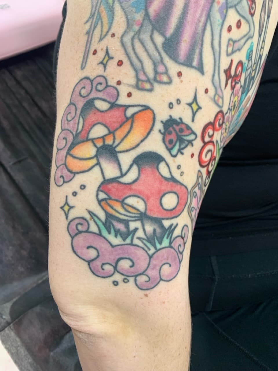 New School + Cartoon mushrooms tattoo on Upper Arm by Mads_TwoTone_Roy on TattMe
