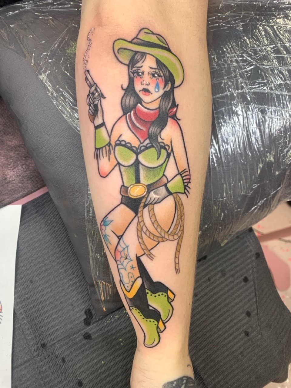 Traditional + American Traditional cowgirl tattoo on Forearm by Mads_TwoTone_Roy on TattMe
