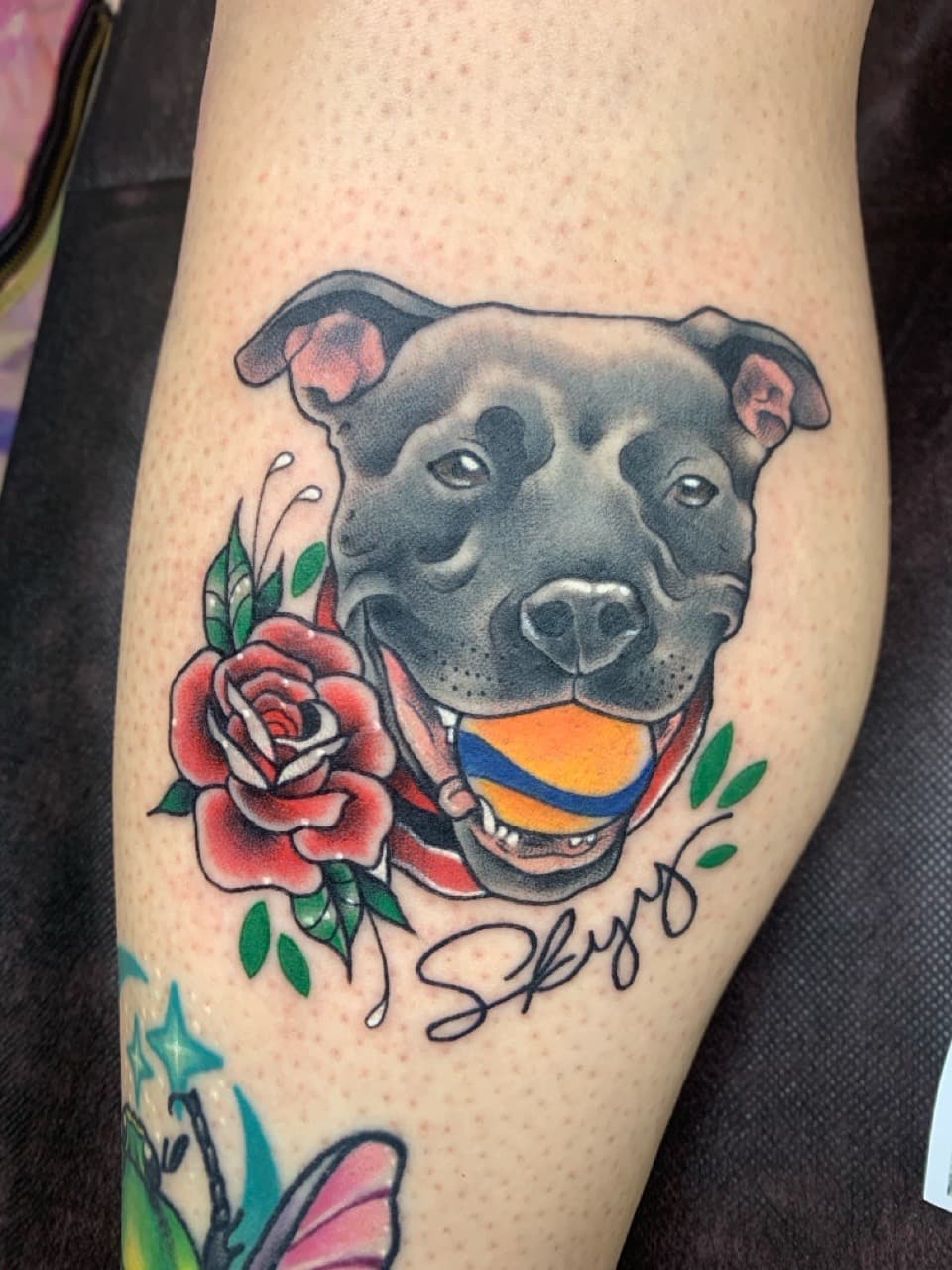 Color + Illustrative dog tattoo on Calf by Mads_TwoTone_Roy on TattMe
