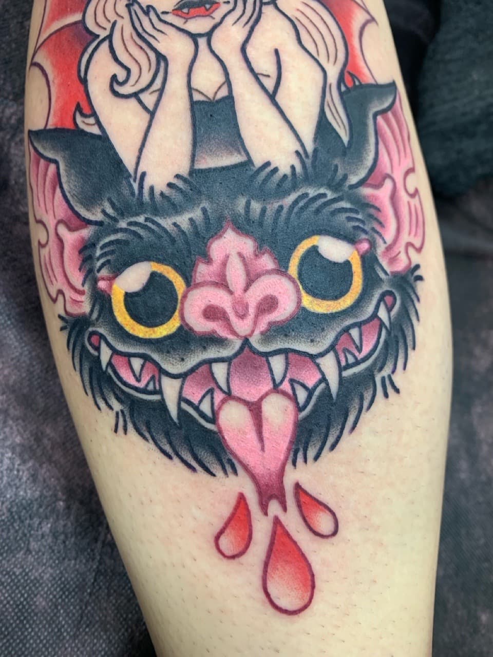 Neo-Traditional + Traditional bat tattoo on Calf by Mads_TwoTone_Roy on TattMe