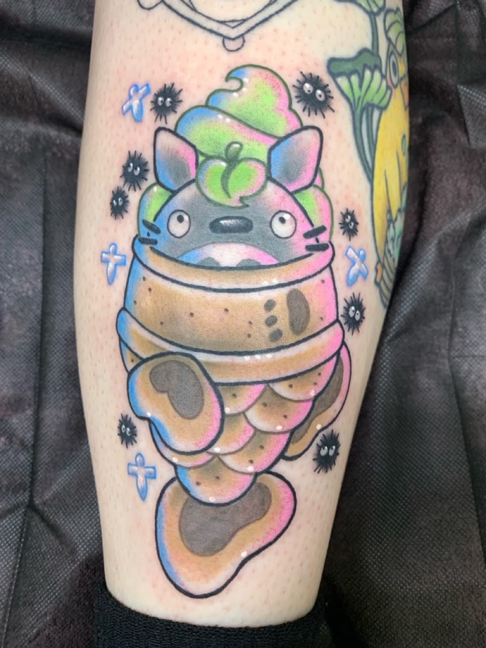 Color + Illustrative totoro tattoo on Calf by Mads_TwoTone_Roy on TattMe