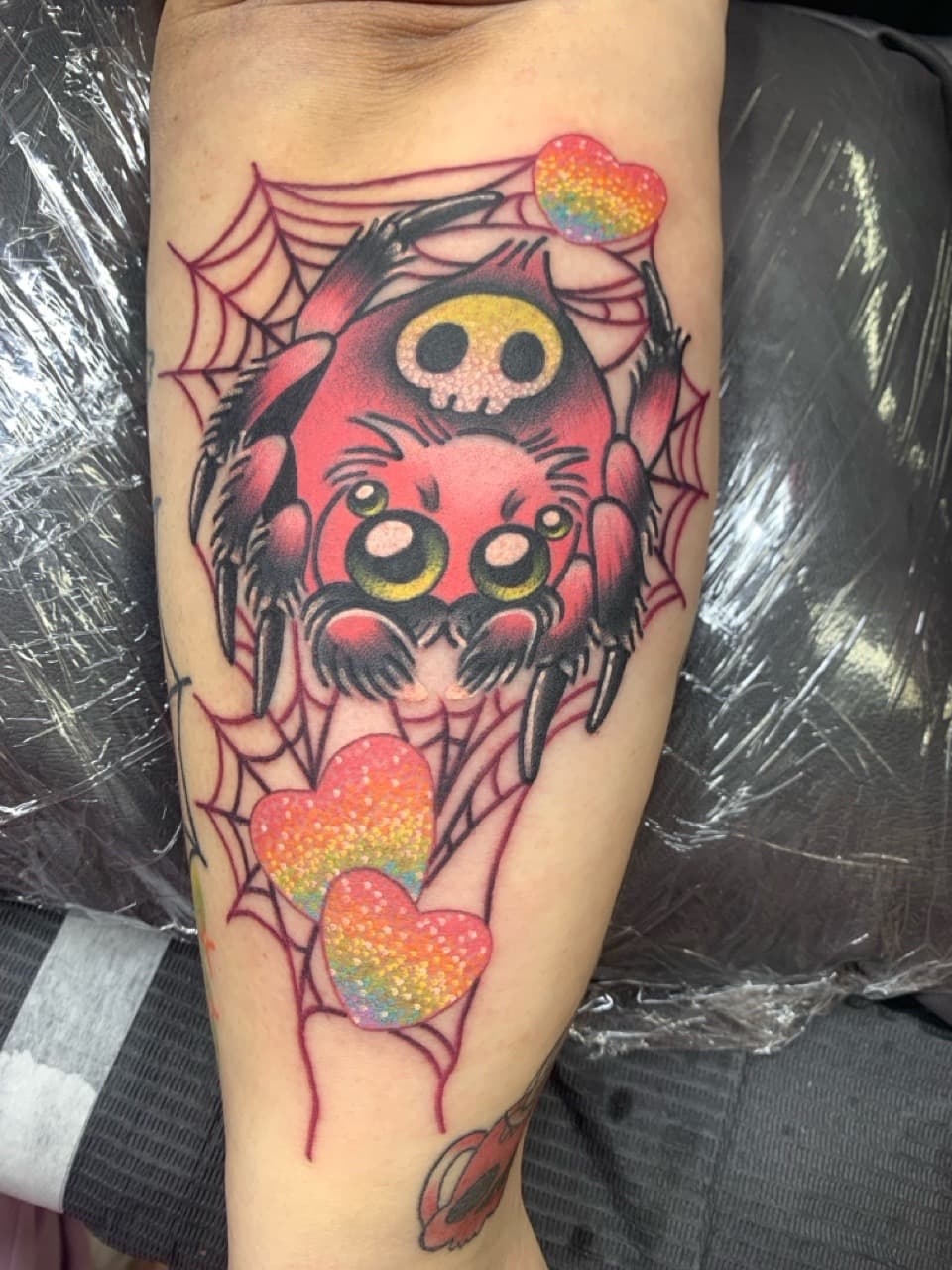 New School + Color spider tattoo on Forearm by Mads_TwoTone_Roy on TattMe