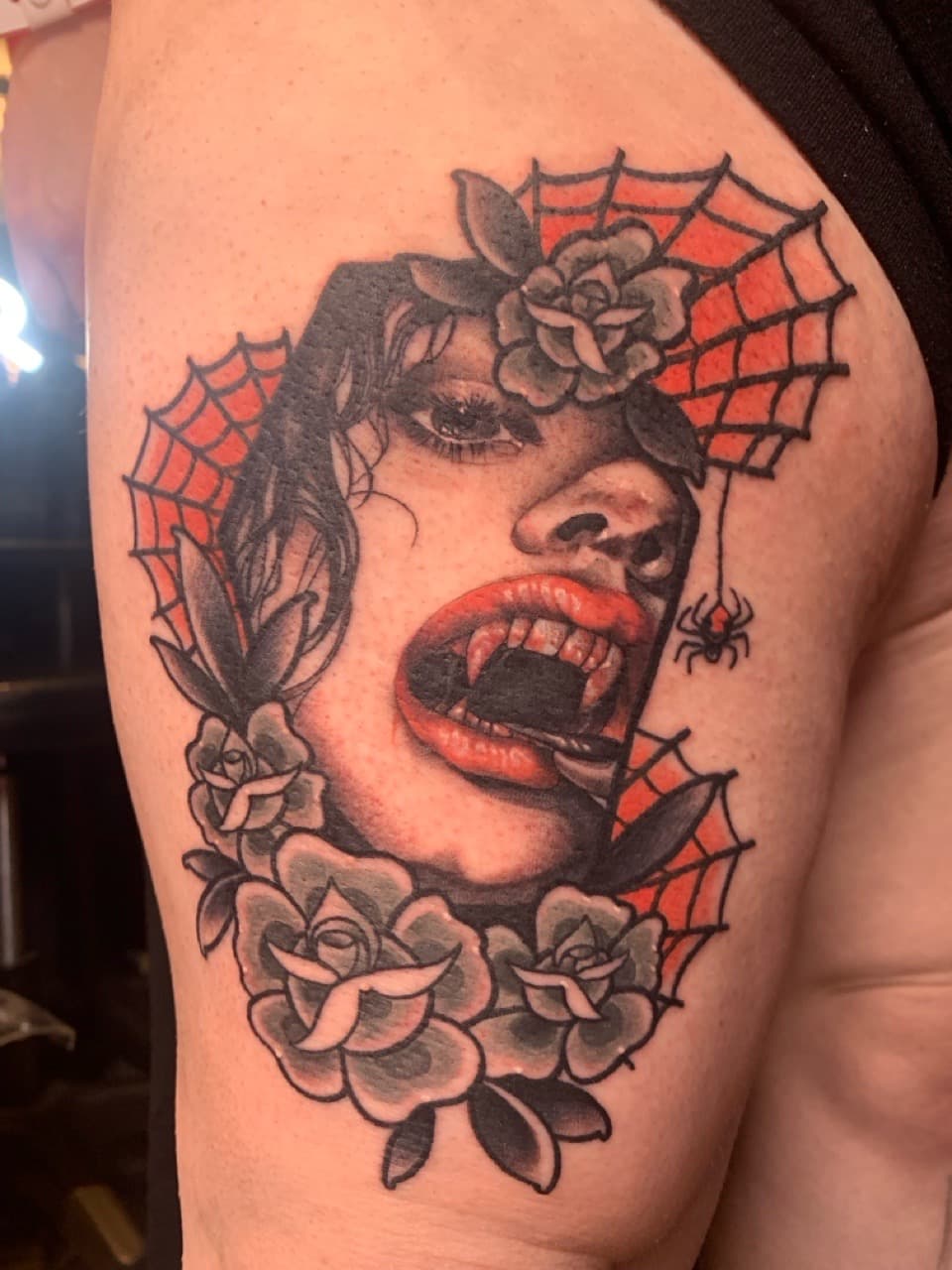 Traditional + Neo-Traditional vampire tattoo on Thigh by Mads_TwoTone_Roy on TattMe