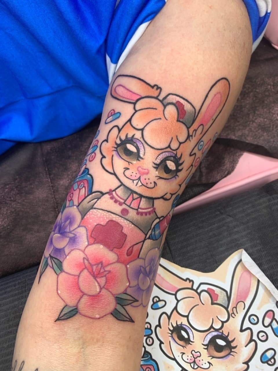 Cartoon + Illustrative bunny tattoo on Forearm by Mads_TwoTone_Roy on TattMe