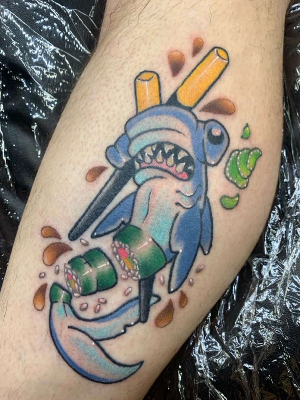 New School + Illustrative shark tattoo on Calf by Mads_TwoTone_Roy on TattMe