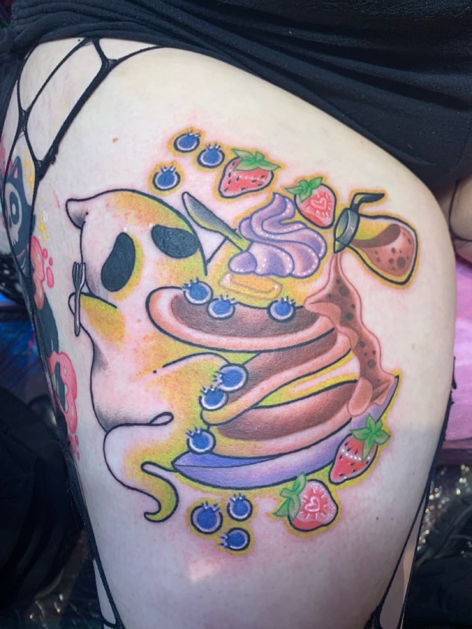 Illustrative + Color ghost tattoo on Thigh by Mads_TwoTone_Roy on TattMe