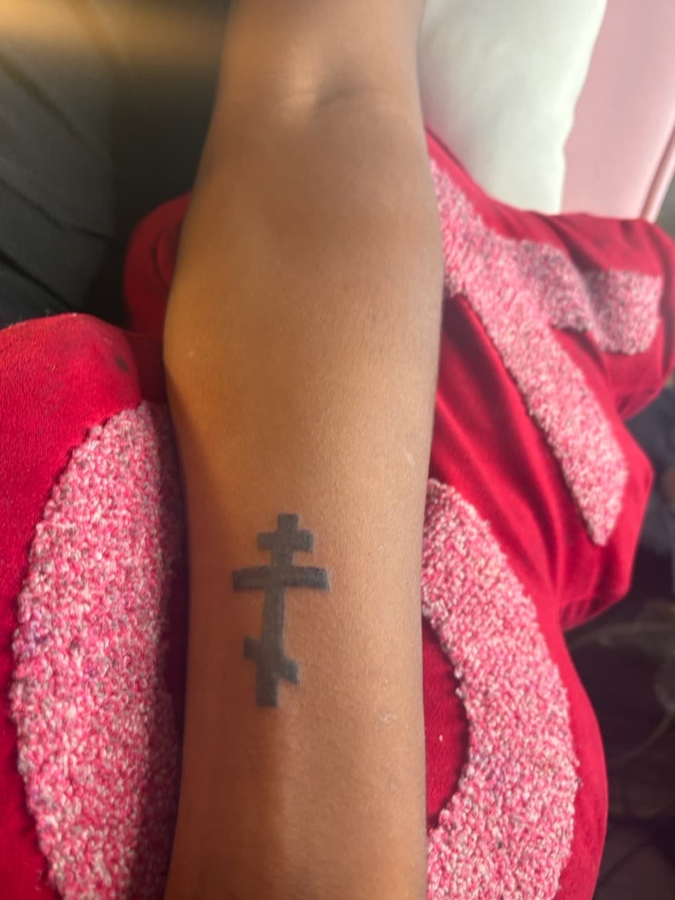 Black-work + Minimalist cross tattoo on Forearm by Tattoos_Wit_ZaZa on TattMe