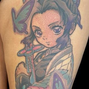 Anime + Color anime character tattoo on Thigh by Bakerboyink on TattMe