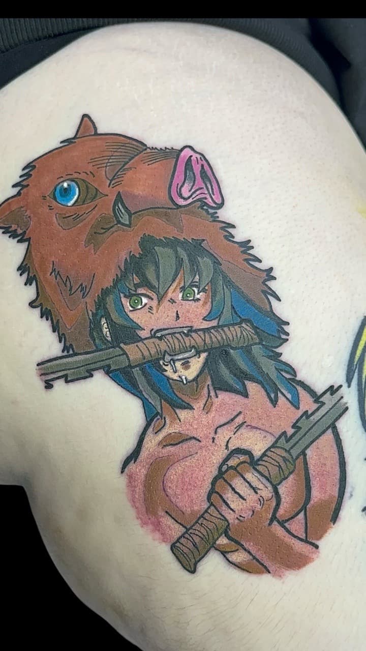 Anime + Illustrative boar tattoo on Upper Arm by Bakerboyink on TattMe