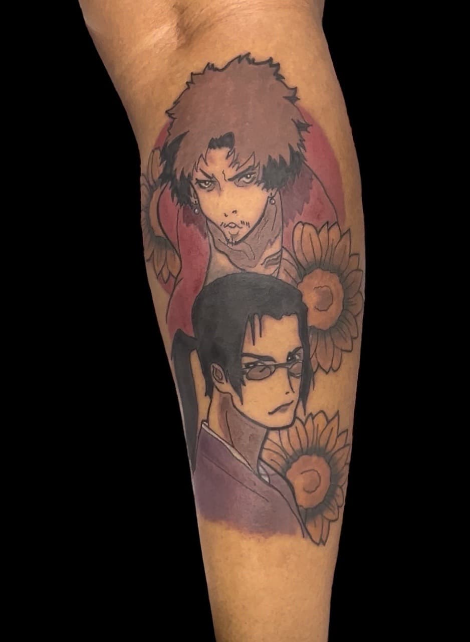 Anime + Color anime characters tattoo on Calf by Bakerboyink on TattMe