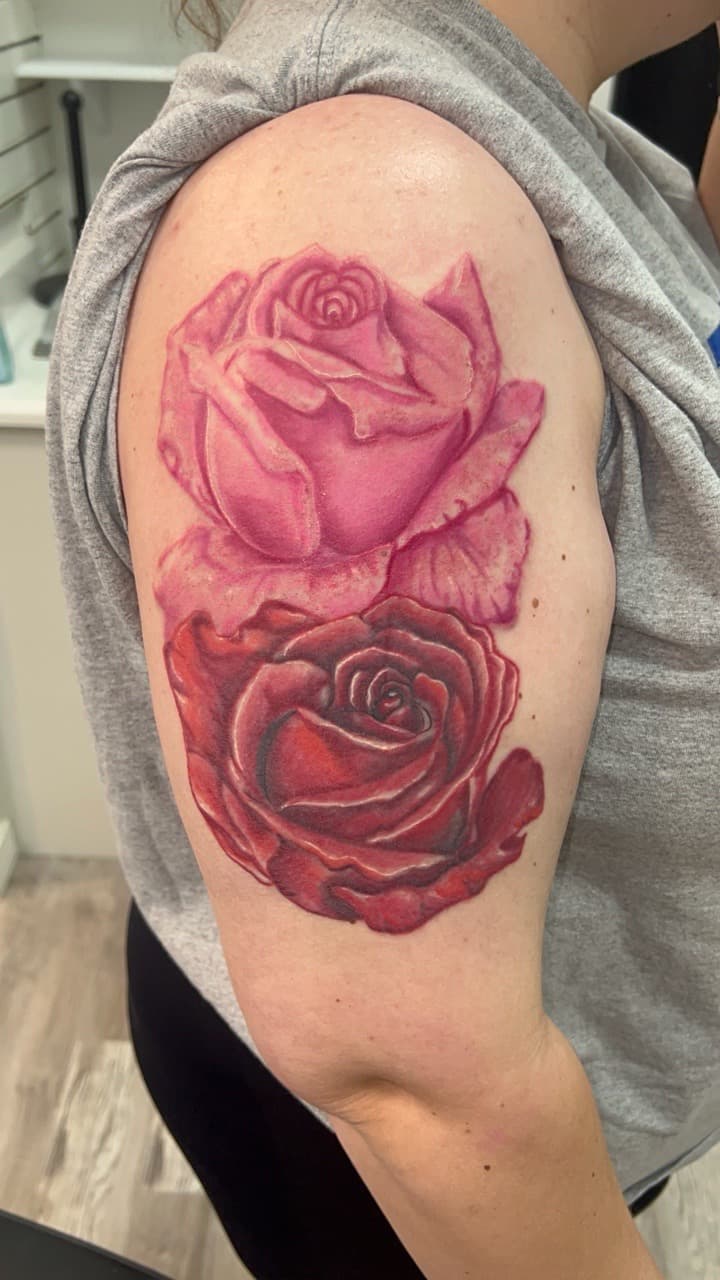 Floral + Color roses tattoo on Upper Arm by Bakerboyink on TattMe