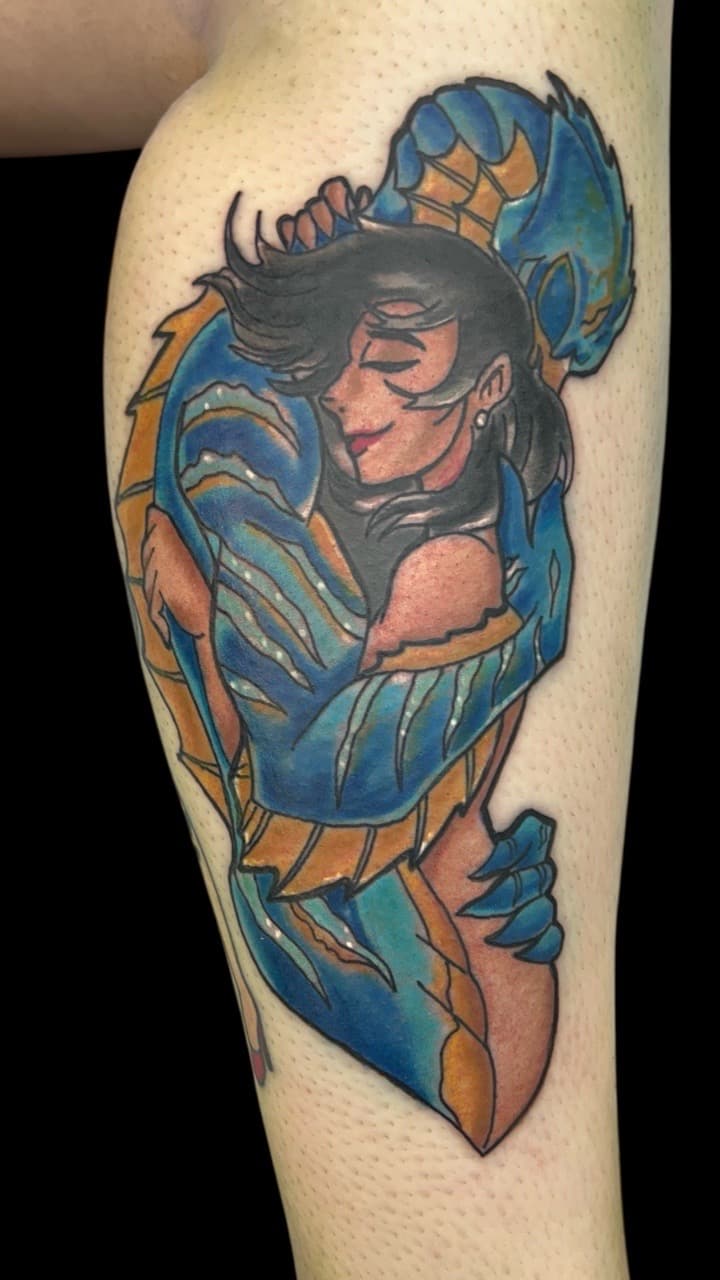 Illustrative + Color creature tattoo on Calf by Bakerboyink on TattMe