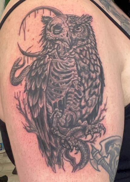 Black & Grey + Illustrative owl tattoo on Upper Arm by Bakerboyink on TattMe