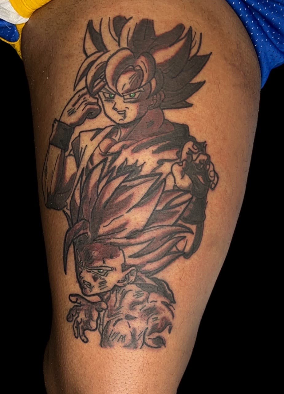 Anime + Black & Grey characters tattoo on Thigh by Bakerboyink on TattMe