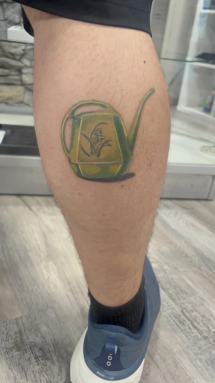 Color + Illustrative watering can tattoo on Calf by Bakerboyink on TattMe