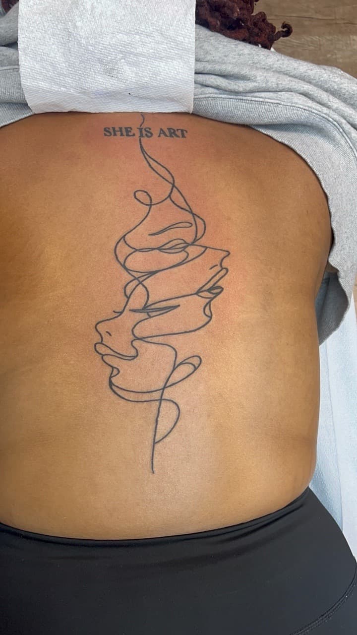 Fine Line + Line-work faces tattoo on Upper Back by Bakerboyink on TattMe
