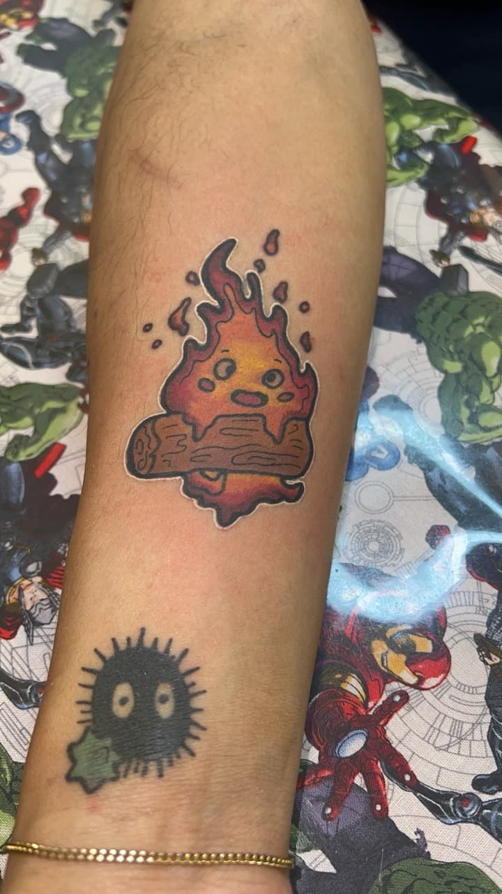 Cartoon + Color calcifer tattoo on Forearm by Bakerboyink on TattMe