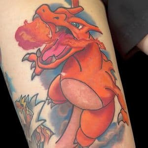 New School + Cartoon charizard tattoo on Thigh by Bakerboyink on TattMe