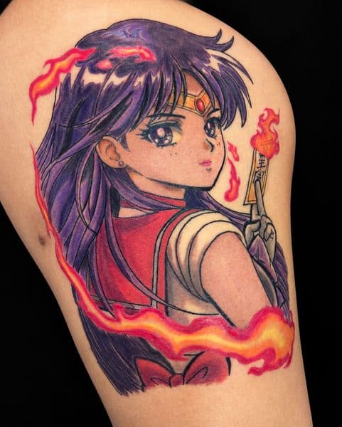 Anime + Color anime character tattoo on Thigh by Bakerboyink on TattMe