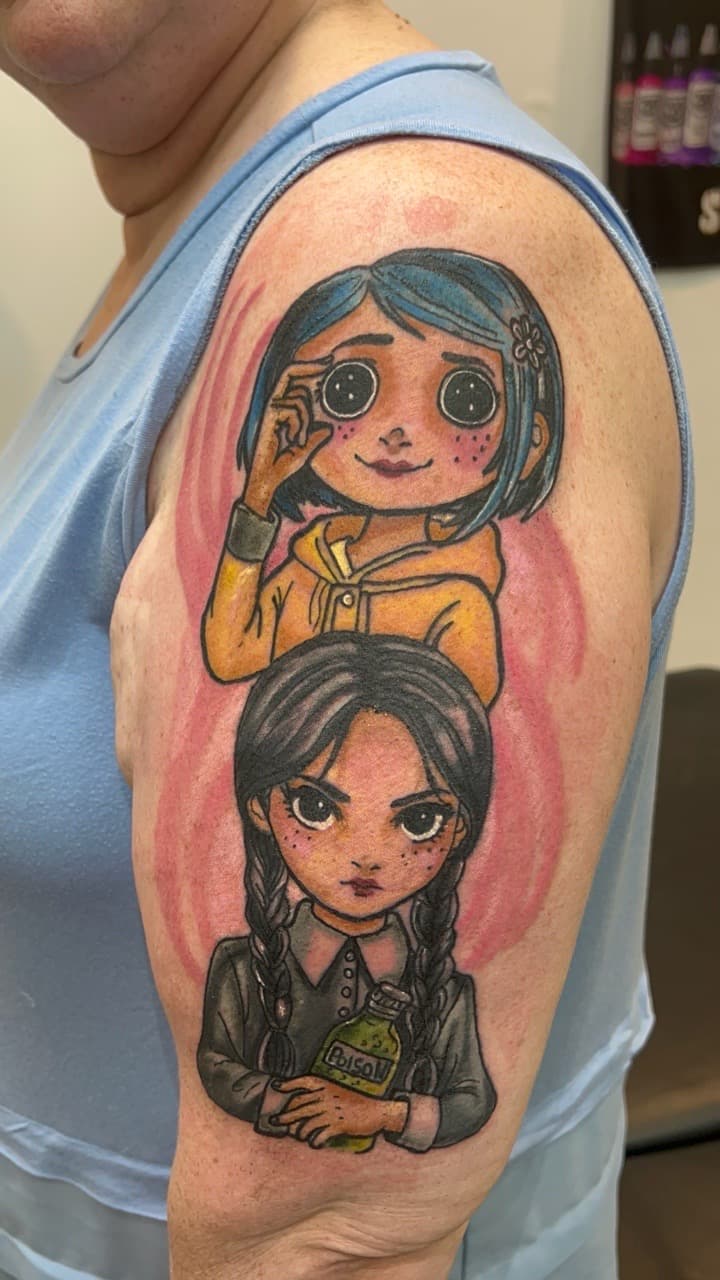 Illustrative + Color coraline tattoo on Upper Arm by Bakerboyink on TattMe