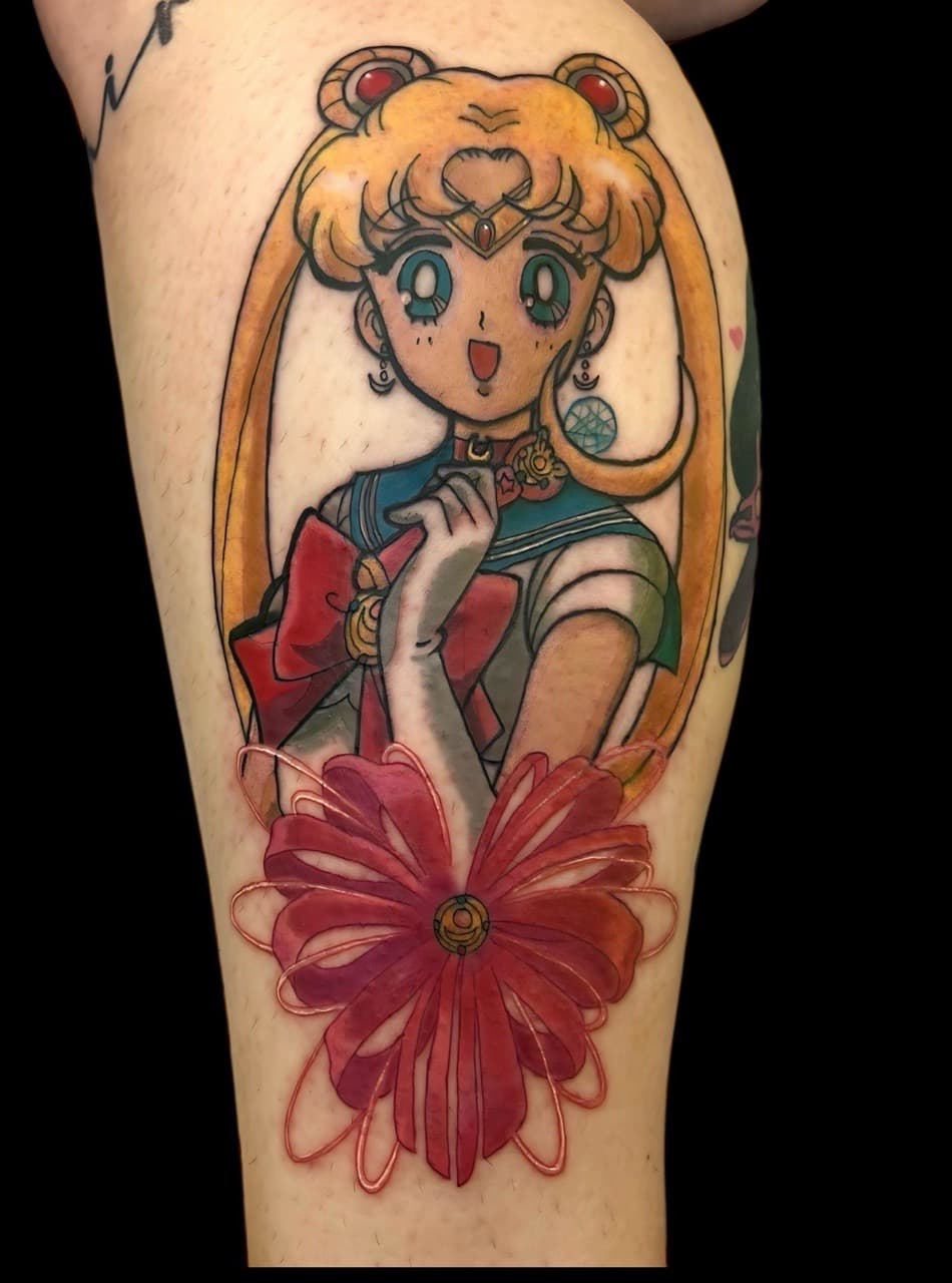 Anime + Pop Culture sailor moon tattoo on Thigh by Bakerboyink on TattMe