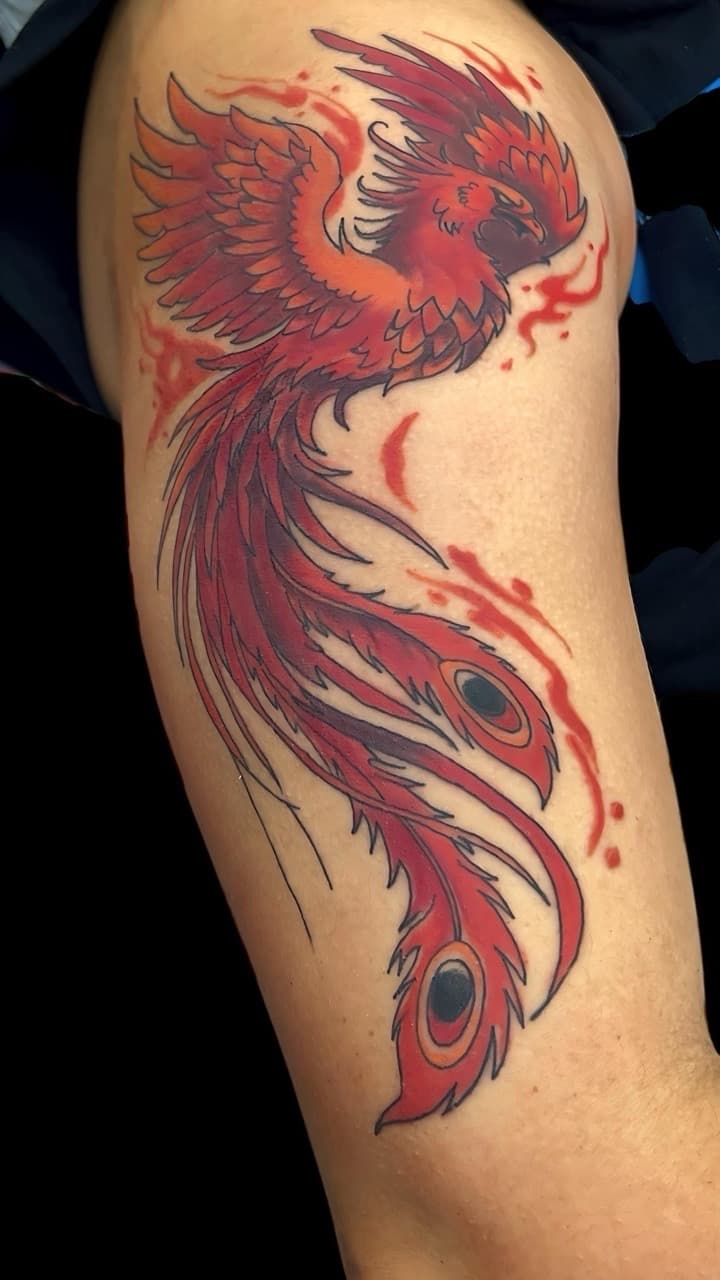 Color + Illustrative phoenix tattoo on Upper Arm by Bakerboyink on TattMe