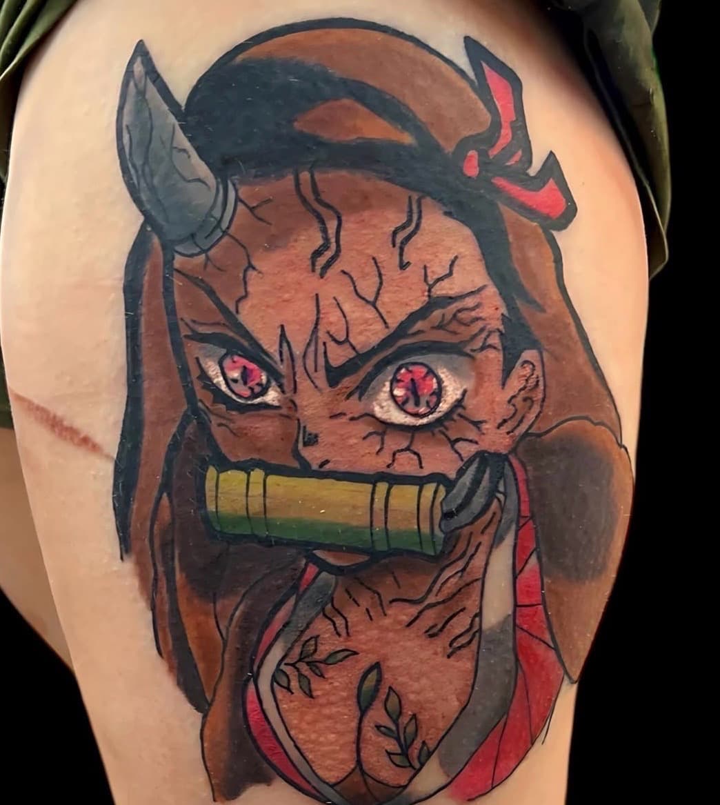 Anime + New School demon tattoo on Thigh by Bakerboyink on TattMe